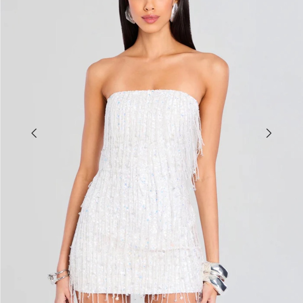 White Strapless Fringe Mini Dress